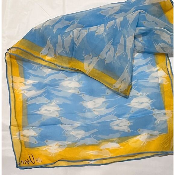 Vintage VERA Neumann Scarf Verasheer Vinal & Silk White birds over blue - Picture 5 of 7